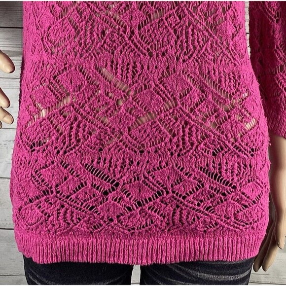 LC Lauren Conrad Sweater Medium Bright Pink Crochet Lace Front Tie Back Knit Top - Picture 8 of 12
